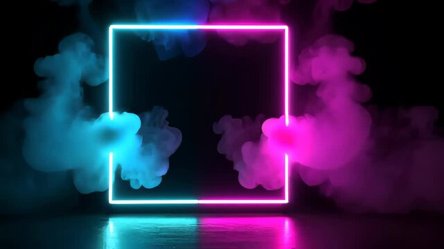 Neon Square and Smoke: An abstract neon square frame illuminates in an ethereal atmosphere, surrounded by swirling plumes of vibrant blue and pink smoke.