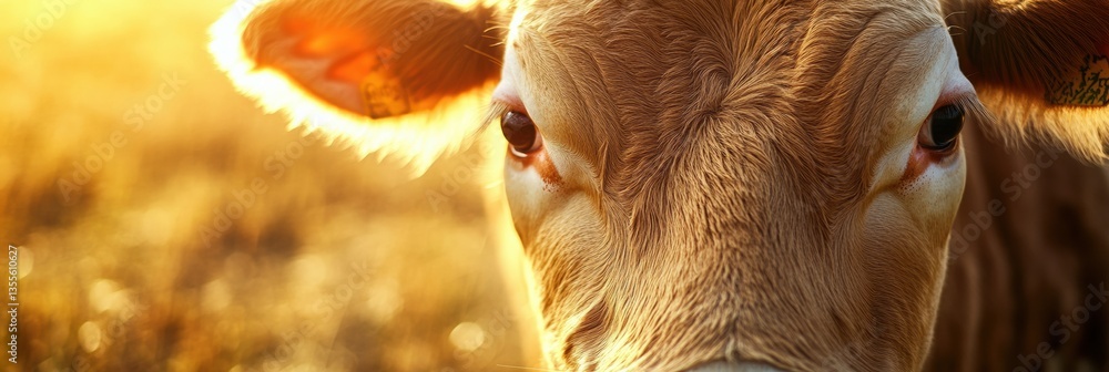 Poster close-up of a cows face showcasing soft fur textures and warm sunlight in a serene rural farm settin