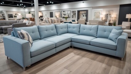 A contemporary, blue sectional sofa in a showroom represents modern home decor and space optimization solutions.
