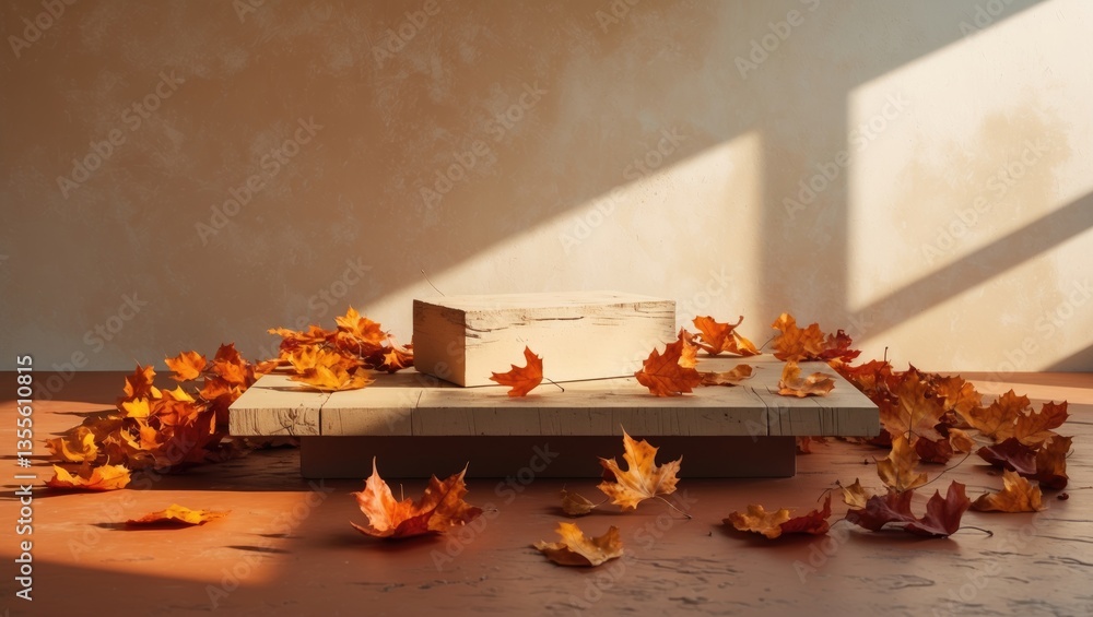 Poster a minimalist autumn display on a brown table with shadows cast on the wall.