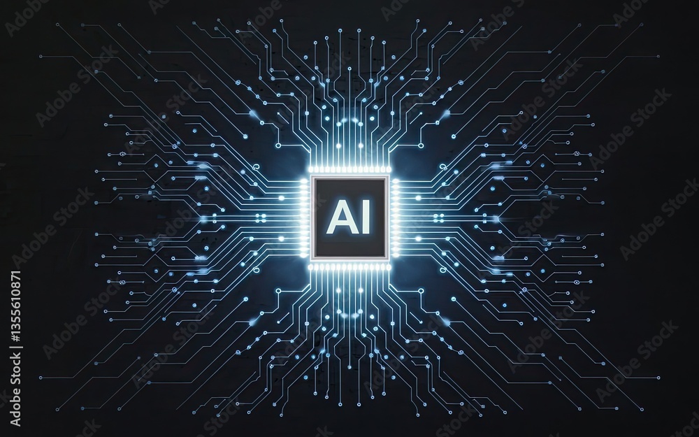 Poster ai core: a futuristic view of a central ai core, glowing with energy, surrounded by a complex networ