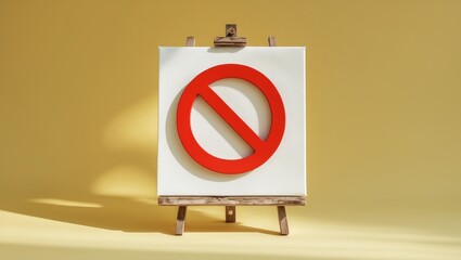 A canvas displaying a no entry sign on an easel against a yellow backdrop with space for text. Censorship. Restricted area or incorrect direction. Ban and sanctions.