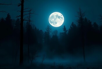 Eerie full moon illuminates a misty, shadowy forest at night; cold blue hues, night sky, shadows