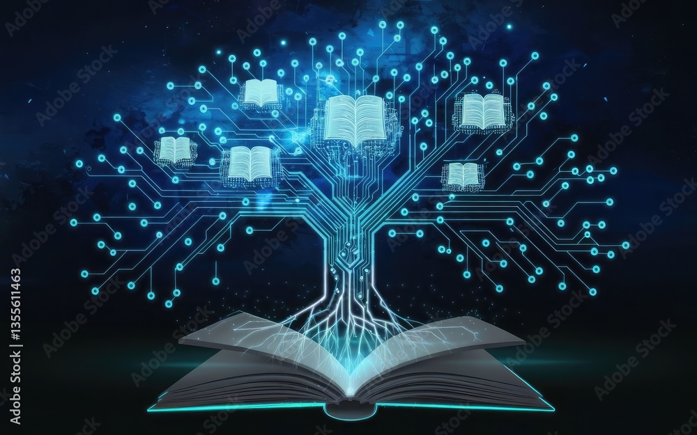 Poster digital tree of knowledge: a visionary illustration of a tree blossoming with open books, intertwine