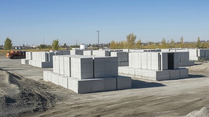 Stacks of precast concrete slabs in a construction supply yard, showing efficiency and precision in large-scale building projects.