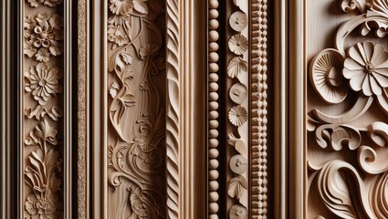A stunning backdrop featuring intricately carved wooden borders. Closeup of a wood-carved panel showcasing various decorative molding strips.