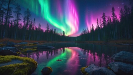 Fototapeta premium A captivating display of the northern lights in shades of green, pink, and purple, mirrored over a tranquil lake with a silhouetted forest. A stunning celestial phenomenon.