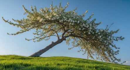 A hawthorn tree bent due to the influence of the prevailing wind.