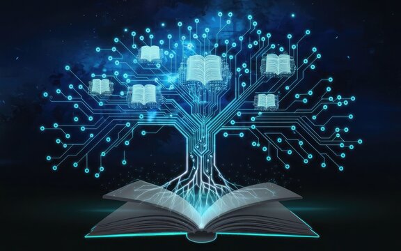 Digital Tree of Knowledge: A visionary illustration of a tree blossoming with open books, intertwined with a digital circuit, symbolizing the growth of knowledge in the digital age.
