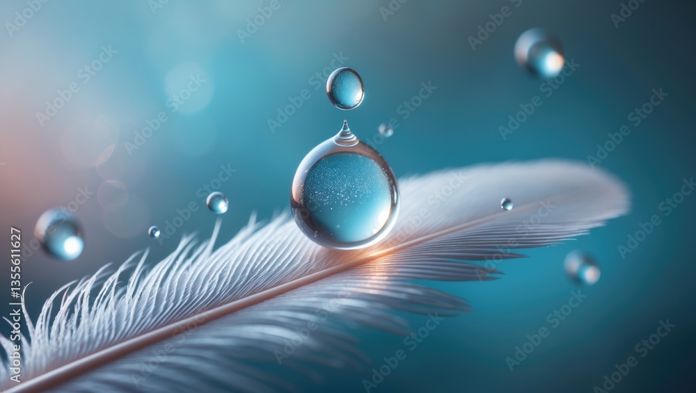 Poster a droplet of dew on a soft feather, captured in macro detail with sparkling bokeh against a blurred 
