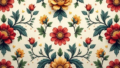 Intricate floral damask pattern in muted tones, tones, cream