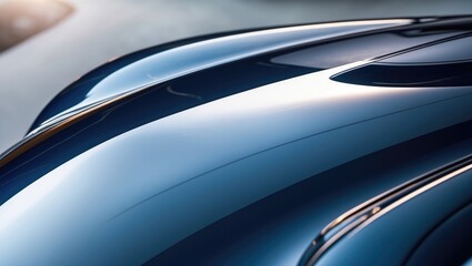 Naklejka premium A detailed view of a car's hood showcasing a glossy, reflective surface. Concept of luxury and sophistication.