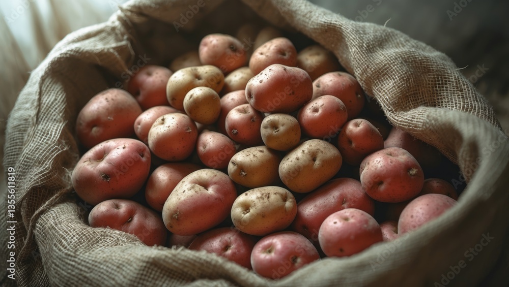 Poster a plentiful collection of fresh, red potatoes contained in a rustic burlap sack. a rustic burlap sac
