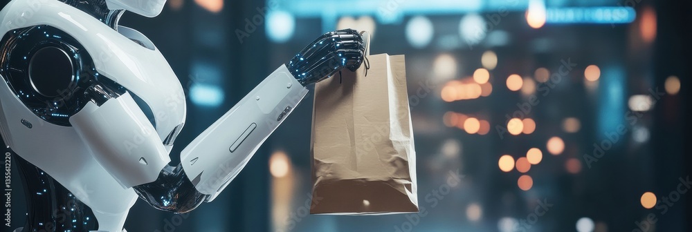 Poster futuristic delivery robot hands over grocery bag in clean cyberpunk environment with modern design a