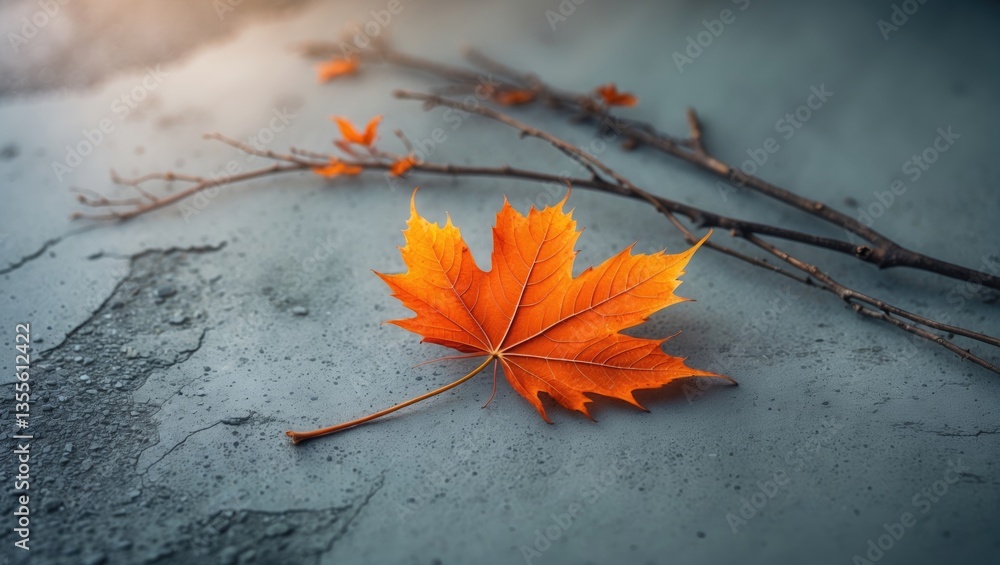 Poster a maple leaf on the ground with small branches getting wet from rain