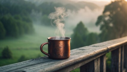 A warm coffee cup rests on a wooden railing on a misty, rainy day. The tranquil scene portrays a calm moment overlooking a vibrant forest landscape.