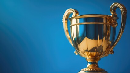 A golden trophy placed against a blue background, symbolizing success, accomplishment, and excellence.