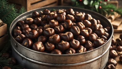 Fototapeta premium A celebratory collection of roasted chestnuts brings to mind comforting holiday customs and cozy winter get-togethers.