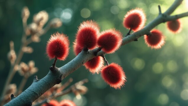 A close view of a willow branch featuring red furry catkins, highlighting the delicate texture and intricate details of the buds. The blurred backdrop enhances the natural allure of the budding flora.