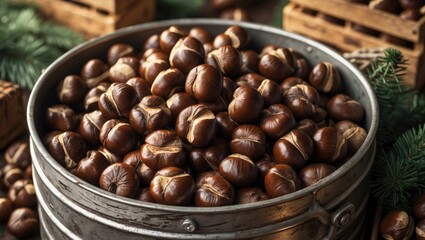 Fototapeta premium A cheerful collection of roasted chestnuts brings to mind warm holiday traditions and cozy winter gatherings.