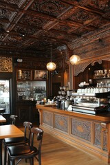 Intricate designs in a warm caf&eacute; atmosphere enhance the coffee experience.