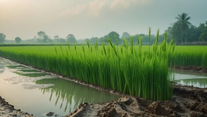 A green rice plant thriving, dependent on a sufficient supply of water absorbed in the morning.