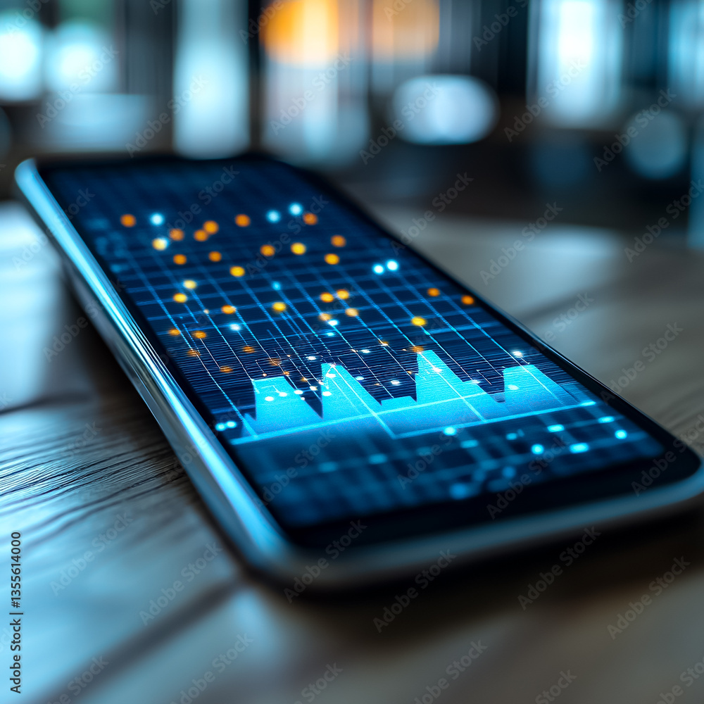 Poster close-up of a smartphone displaying colorful financial data graphs on a wooden surface