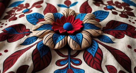 Naklejka premium A large floral pattern in maroon, blue, and brown is elegantly block-printed on cotton fabric, creating a vivid contrast.