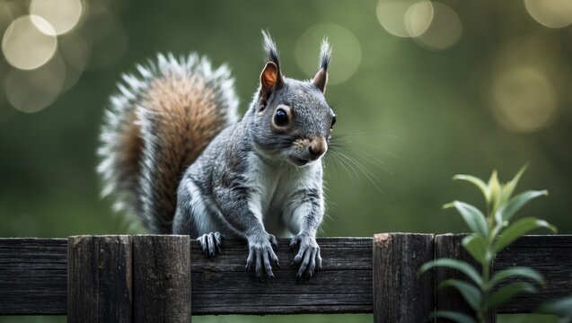 A gray squirrel perched on a wooden fence.
