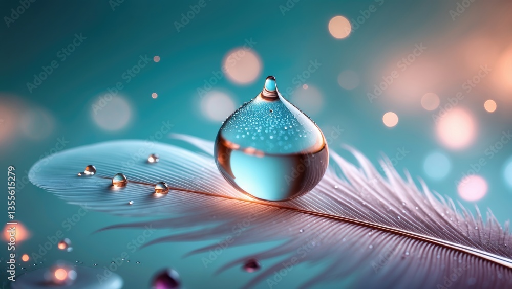 Poster a droplet of dew on a soft feather in close-up macro, featuring sparkling bokeh against a blurred bl