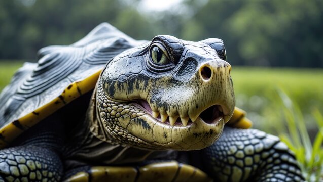 A large alligator snapping turtle. Usually not aggressive but has the ability to bite your fingers.