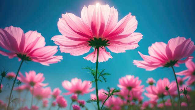 A low-angle view of a vibrant pink cosmos flower fully bloomed against a clear blue sky.