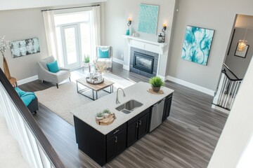 Open-Concept Living Area with Modern Kitchen, Featuring Fireplace and Natural Light, for Home Design