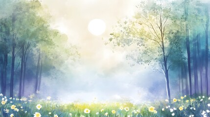 Obraz premium Serene forest scene with trees, meadow flowers, sun, & gentle colors create a peaceful atmosphere