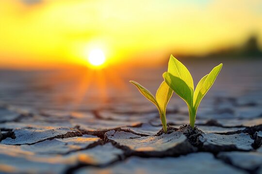 Two Green Seedlings Emerging From Cracked Dry Soil At Sunset