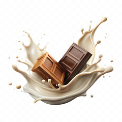 abstract 3d milk and chocolate splashes against each other isolated on white background