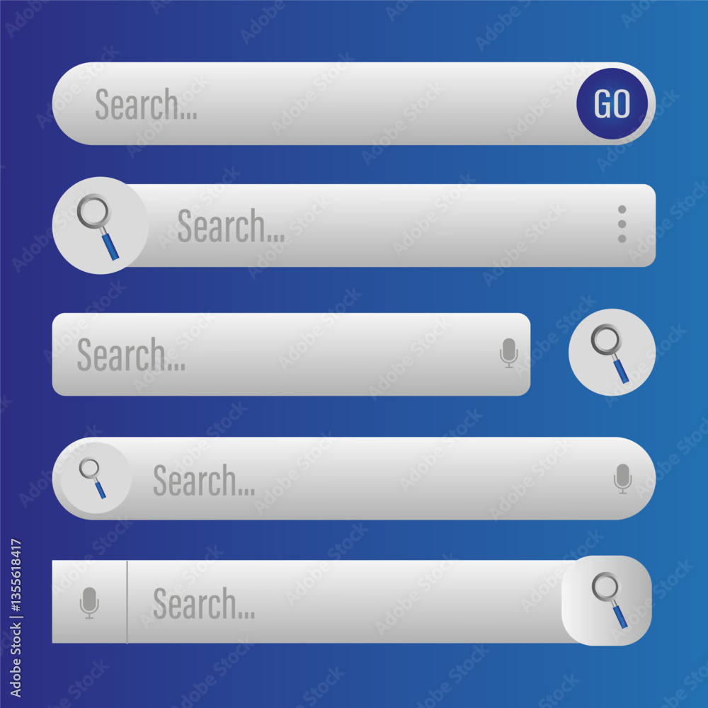 Aufkleber search bar set. white ui elements. gradient blue background. vector interface icons.