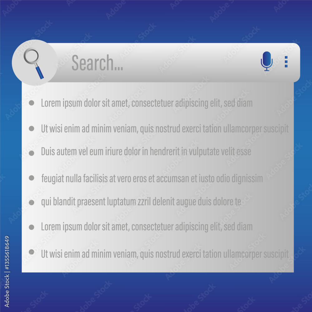 Aufkleber search bar dropdown. white ui field. gradient blue theme. vector menu layout.