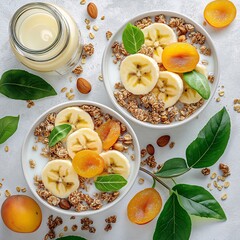 Healthy Breakfast: Organic Granola, Yogurt, and Fresh Banana Bowl with Nuts & Fruit for a Delicious Morning Meal