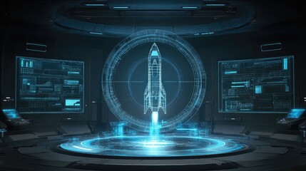 A digital wireframe rocket design in a futuristic blue hologram interface