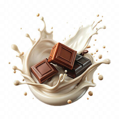 abstract 3d milk and chocolate splashes against each other isolated on white background