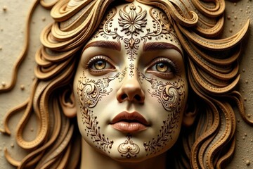 Intricate geometric face design etched in wood , etching, design, background