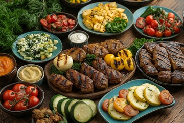 Grilled Meat and Mixed Vegetables on Serving Platters: A Colorful and Flavorful Summer Barbecue Experience with Fresh Ingredients