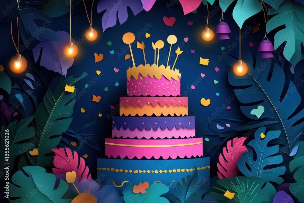 Poster vibrant celebration-themed paper cut background with colorful confetti and festive lighting create a