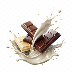 abstract 3d milk and chocolate splashes against each other isolated on white background