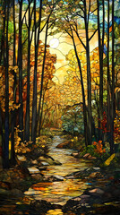 Nature's Sanctuary in Stained Glass: A Forest Bathes in Golden Radiance