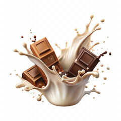 abstract 3d milk and chocolate splashes against each other isolated on white background
