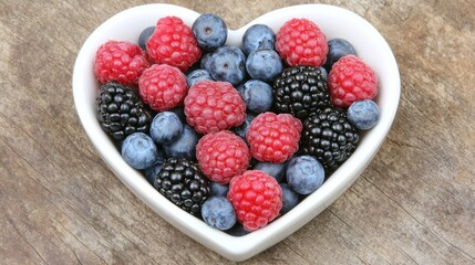 A heart-shaped bowl filled with fresh blueberries, raspberries, and blackberries on a rustic wood background
