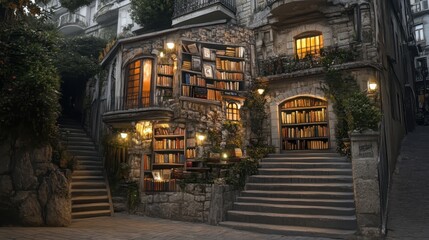 Obraz premium Cozy Bookstore Tucked Away in a Hillside Village at Dusk.