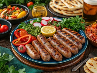 Grilled Sausage Platter with Fresh Vegetables and Herbs - Delectable Barbecue Meal for Al Fresco Dining